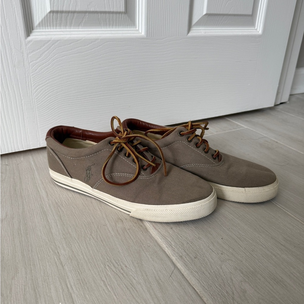 Polo Ralph Lauren Vaughn Canvas Sneakers Mens Taupe Brown Good Leather Trim